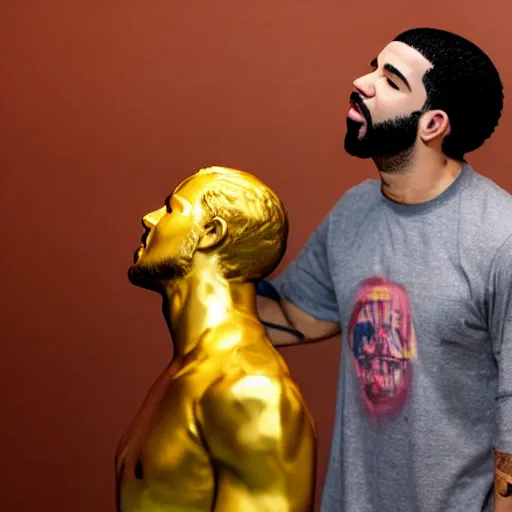 Image similar to Drake worshipping a golden statue of himself, low angle