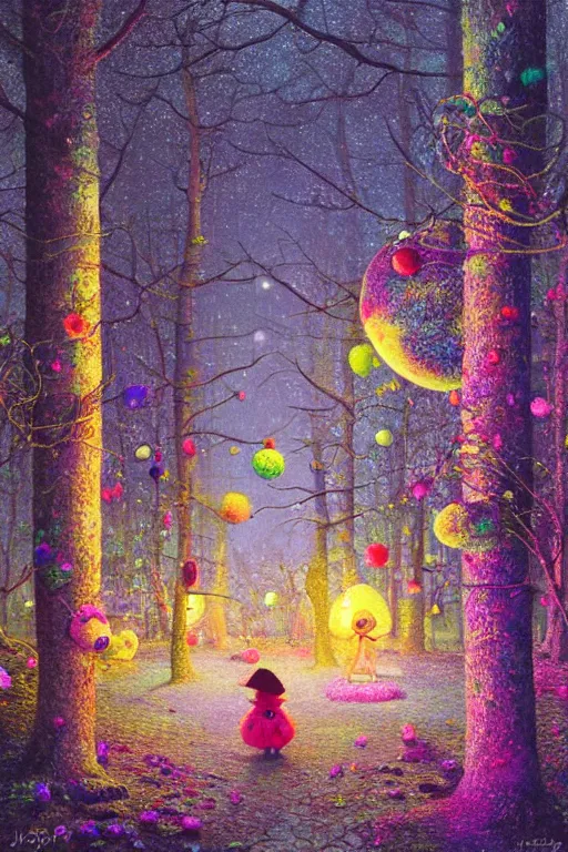 Prompt: a matte digital painting of a candy forest at night, bokeh, bright colours, watercolor, volumetric wool felting, macro photography, children illustration, by john atkinson grimshaw and lisa frank