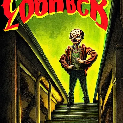 Image similar to goosebumps cover art of zombies on a dark stairway. highly detailed illustration. strong shadows. pulp horror art