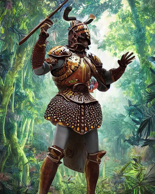 Image similar to 3d render of a spanish conquistador wearing ornate armor in a dense jungle, art by nicola saviori and studio ghibli and disney concept artists, anatomy, symmetric