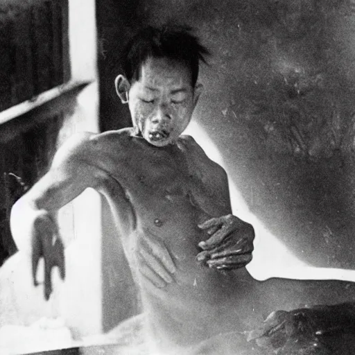 Prompt: Thích Quảng Đức burns himself to death, black and white photograph, 1963