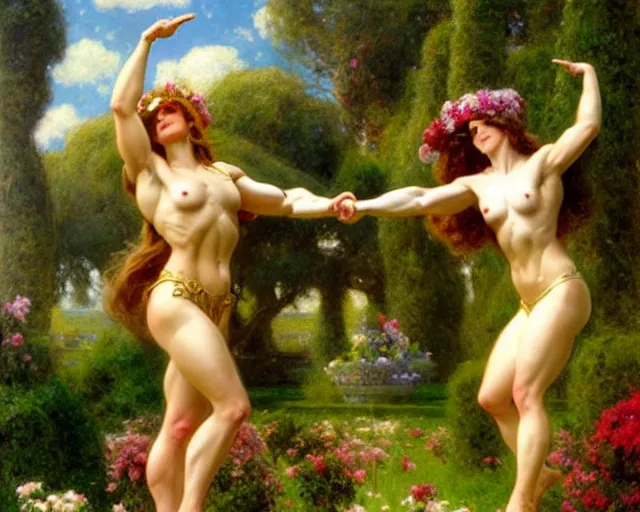 Image similar to muscular athena and muscular goddess frolic in a meadow of beautiful flowers, large topiary and marble pillars in the background, painting by gaston bussiere, craig mullins, j. c. leyendecker, tom of finland