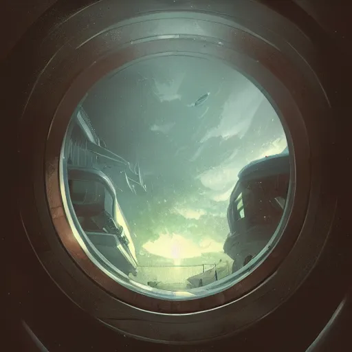 Image similar to Perspective Through the spaceship porthole window, wide shot, broad detail, outside there is a shadow monster by Greg Rutkowski