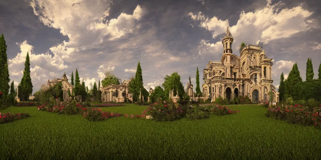 Prompt: gothic, mansion, few clouds, dawn, flowerbeds, vines, god rays, realistic, filmic lighting, very detailed, ornate, volumetric, by artstation, artemisia gentileschi, wide angle