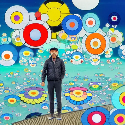 Prompt: a man in the center of the camera walking on clouds away from the camera above kyoto by takashi murakami, beeple and james jean, aya takano color style, 4 k, super detailed, modern, 4 k, symmetrical