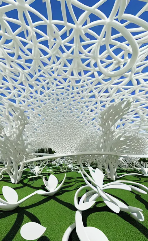 Prompt: elegant white art 3 d printed parametric installation with playful surreal tall lemon groves, urban playground, fluidity, vincent callebaut, mamou - mani, voronoi pavilion with huge white magnolias above