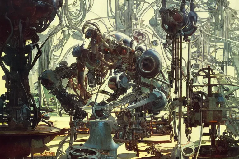 Image similar to natural landscape | robot repairing another robot, painting by syd mead and weta studio, alphonso mucha, james jean, frank frazetta, highly detailed, rule of third, soft lighting, 8 k resolution, oil on canvas, architectural magazine, beautiful detailed, insanely intricate details, artstation trending, hypermaximalistic, high details, cinematic