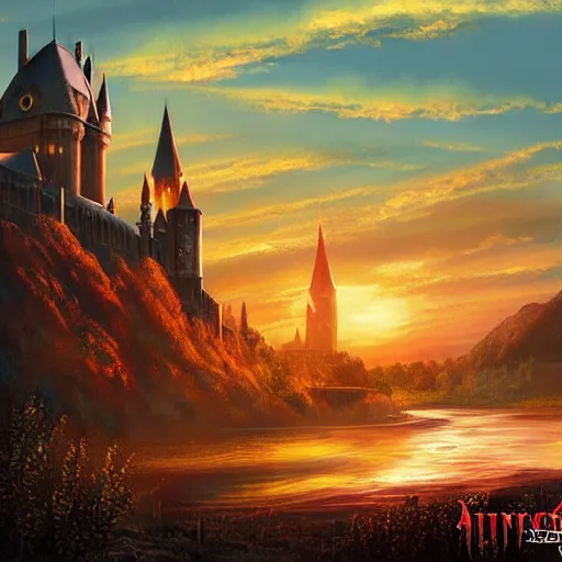 Image similar to sunset over hogwarts, Artstation, magic the gathering artwork, landscape