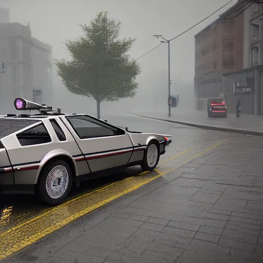 Image similar to hyperdetailed, photorealistic photograph of a dmc 1 2 delorean driving in the streets, rain, night, dense fog, hd, unreal engine 5