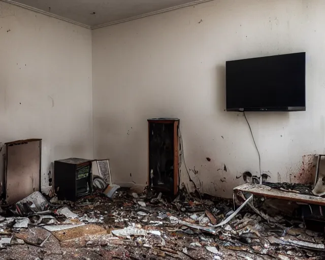 Prompt: Award winning photo of a living room of a flat abandoned 4 days ago, urban exploring, 4k, high quality