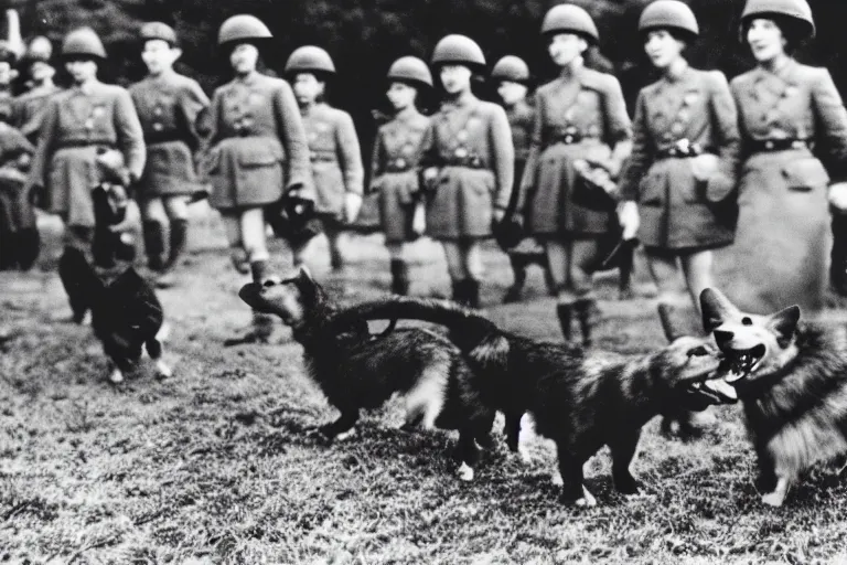 Prompt: ultra wide historical far away photo of young queen elizabeth and her corgi army conquering nazi germany, sharp focus, highly detailed