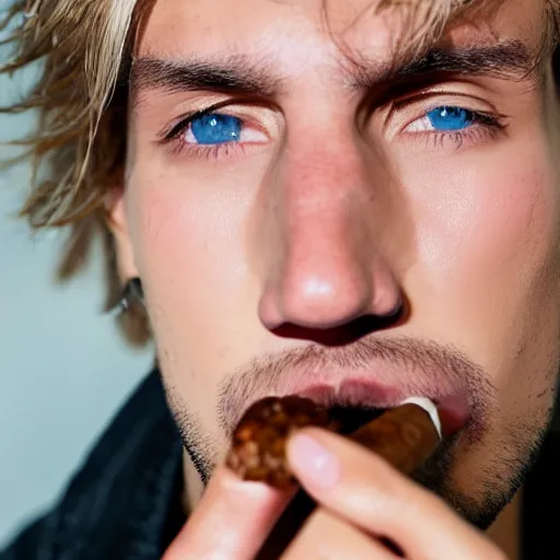 Image similar to a closeup photo of handsome gigachad xqc smoking a cigar, 8k photorealism, extremly detailed, trending on artstation