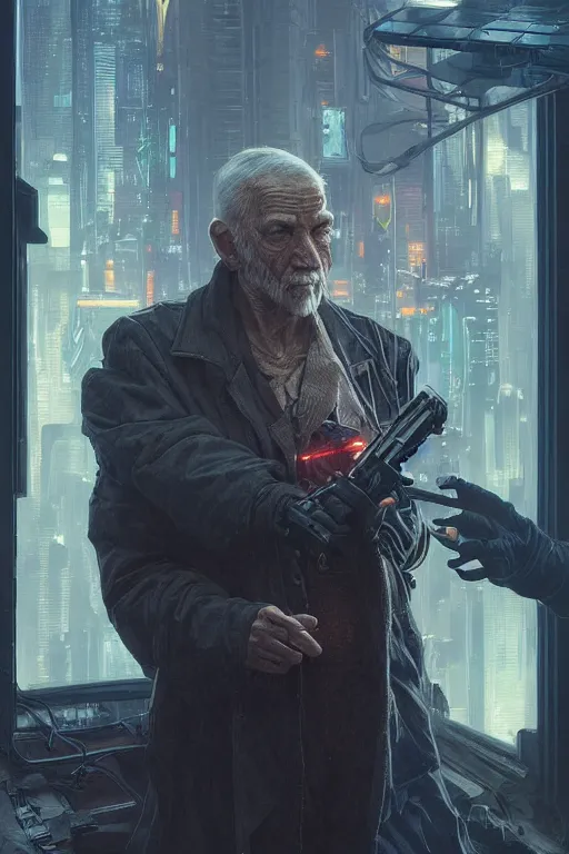 Prompt: cyberpunk old man, augmented, cyborg, movie poster, cinematic lighting, intricate, rugged, highly detailed, digital painting, artstation, smooth, sharp focus, illustration, art by artgerm and greg rutkowski and alphonse mucha and Wayne Barlowe and william-adolphe bouguereau