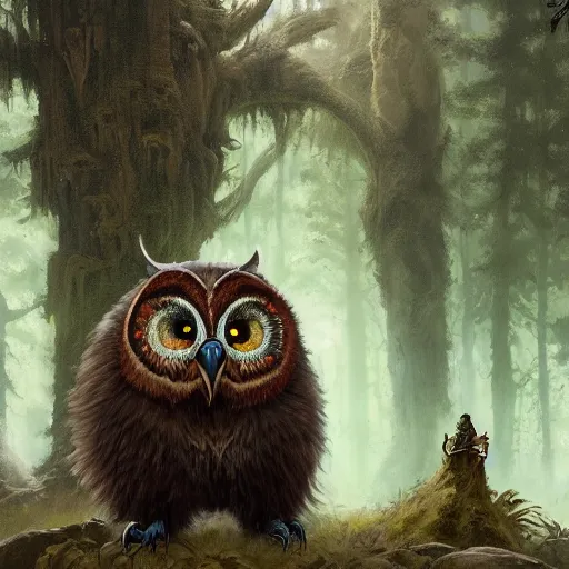 Image similar to three quarter portrait of an owlbear in the forest, d & d, fantasy, greg rutkowski, frank frazetta, alexandre chaudret, boris vallejo, michael whelan, miro petrov, hr giger, magali villeneuve, donato giancola