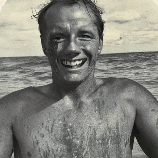 Prompt: “ vintage photo of a man who just survived a shark attack, highly detailed ”