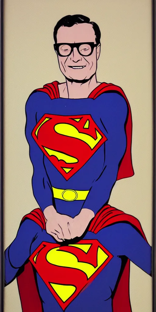 Image similar to portrait of charles nelson reilly dressed as superman, paint on black velvet