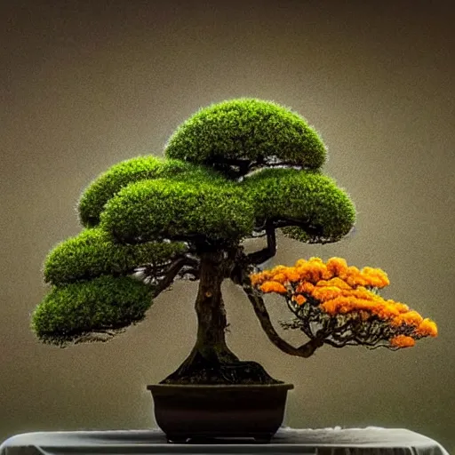 Image similar to A picture of a planet of various flowers, fungus and plants, Bonsai , in which the human figure is dressed in something magical and impressive, inside the picture is infinity, muted light, BotanicalAtmospheric phenomenon, artistic photography, muted colors, conceptual, Kodachrome