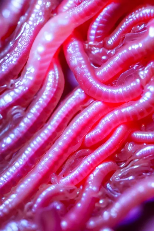 Prompt: high quality macro photo pearlescent gelatinous worms! gorgeous highly detailed hannah yata elson peter cinematic pink lighting high quality low angle hd 8k sharp shallow depth of field