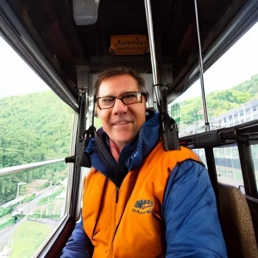 Prompt: jim carry riding a cablecar