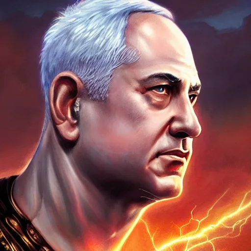 Image similar to benjamin netanyahu as the greek god of lightning, highly detailed, by artgerm and greg rutkowski