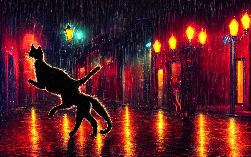 Image similar to black cat running through heavy rain in an emprty neon lit street at night by wlop, ultra detailed color art, high detail, digital art