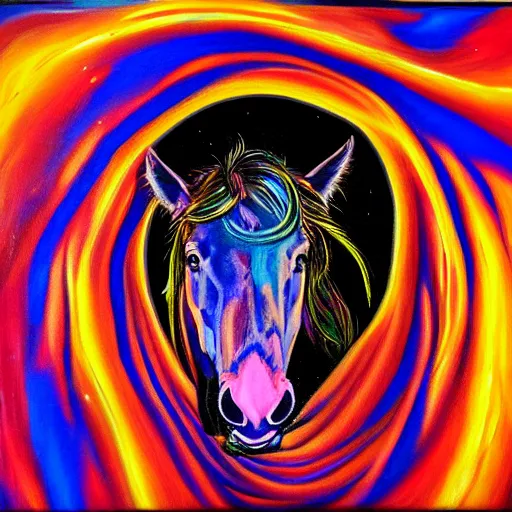 Prompt: psychedelic portrait painting of a horse emerging from a black hole in space