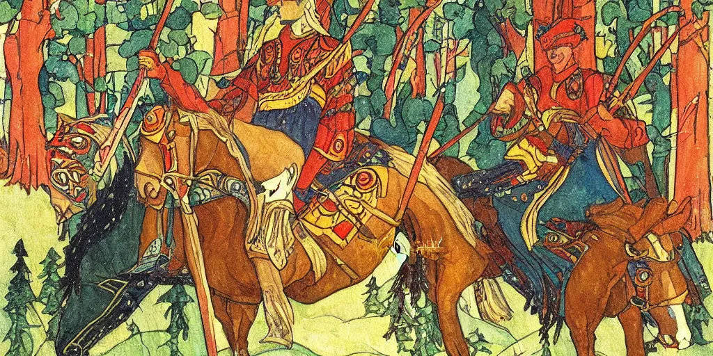 Prompt: beautiful painting of mounted king with firing sword painted by ivan bilibin, forest and river, illustration, stylized, moderne, art deco