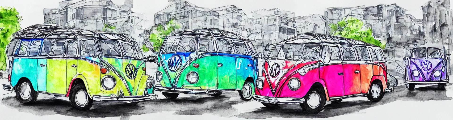 Prompt: vw bus, vw beetle, on a street, centered award winning watercolor pen illustration