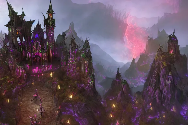 Image similar to big evil fairy castle - city rock dark shadow elves, might and magic heroes 7, dark fantasy, shadows, artstation trending, unreal engine 5, red