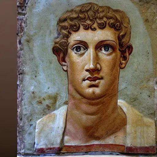 Prompt: photo of an ancient roman fresco on a wall in an ancient roman villa : mark zuckerberg as a roman noble senator. dressed in a white toga. serious facial expression. grills meats. detailed, intricate artwork. faded shadows