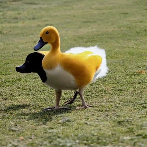 Prompt: minimalist stock art of a banana duck walking his dog