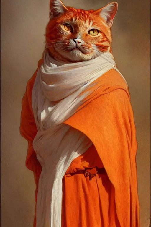 Image similar to painted portrait of rugged fat orange cat, masculine, powerful, handsome, upper body, white robe, fantasy, intricate, elegant, highly detailed, digital painting, artstation, concept art, smooth, sharp focus, illustration, art by gaston bussiere and alphonse mucha