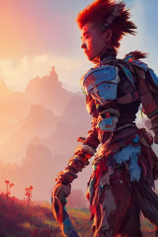 Image similar to combination suit armor aloy horizon forbidden west horizon zero dawn radiating a glowing aura global illumination ray tracing hdr fanart arstation by ian pesty and alena aenami artworks in 4 k tribal robot ninja mask helmet backpack