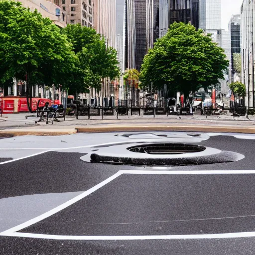 Prompt: infinite sinkhole in the middle of the street, sony a 7 r iii, 8 5 mm, f / 1. 8, 2 0 1 8