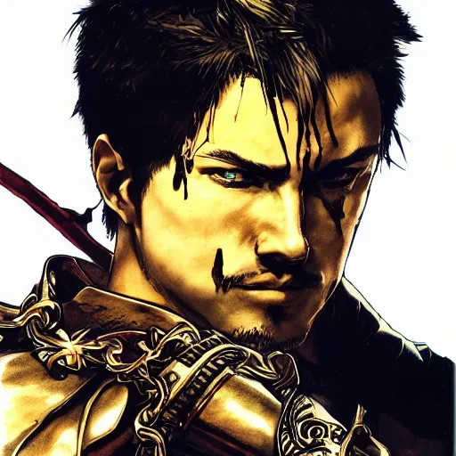 Image similar to portrait of a hero holding his sword in front of his face by yoji shinkawa, high quality, extra details, realism, ornate, colored, golden chain, blood, white skin, short hair, brown eyes, vivid, sunlight, dynamic, american man, freedom