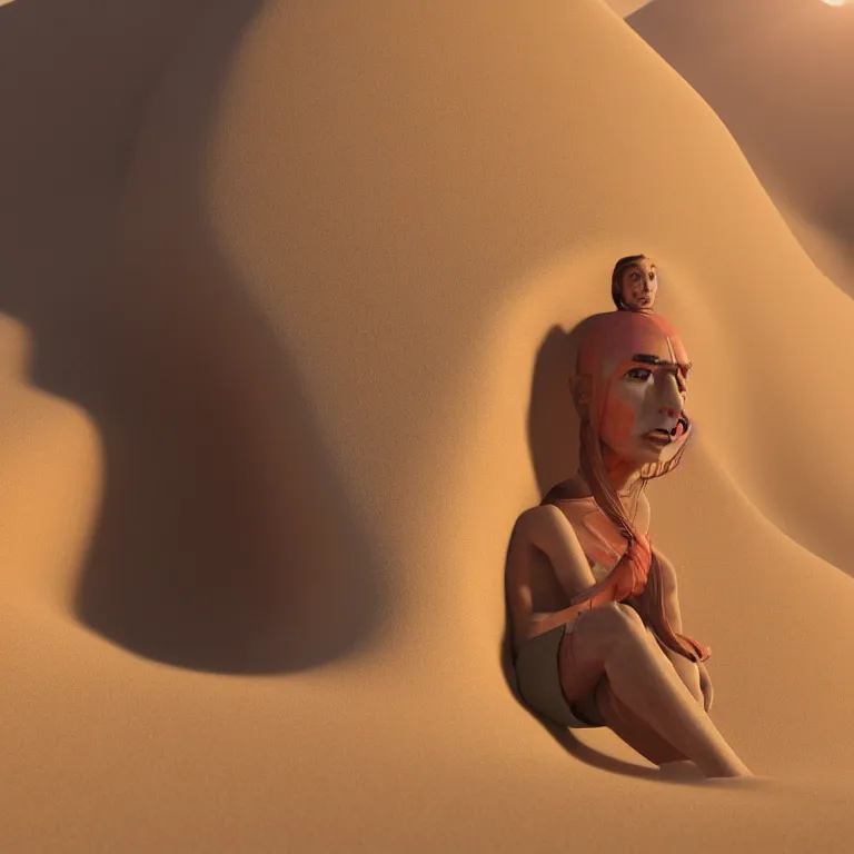 Image similar to octane render portrait by wayne barlow and carlo crivelli and glenn fabry, a beautiful symmetrical human face face inside of a gigantic huge colorful sand dune, inside a giant beautiful dessert at goldenhour, light beams, cinema 4 d, ray traced lighting, very short depth of field, bokeh