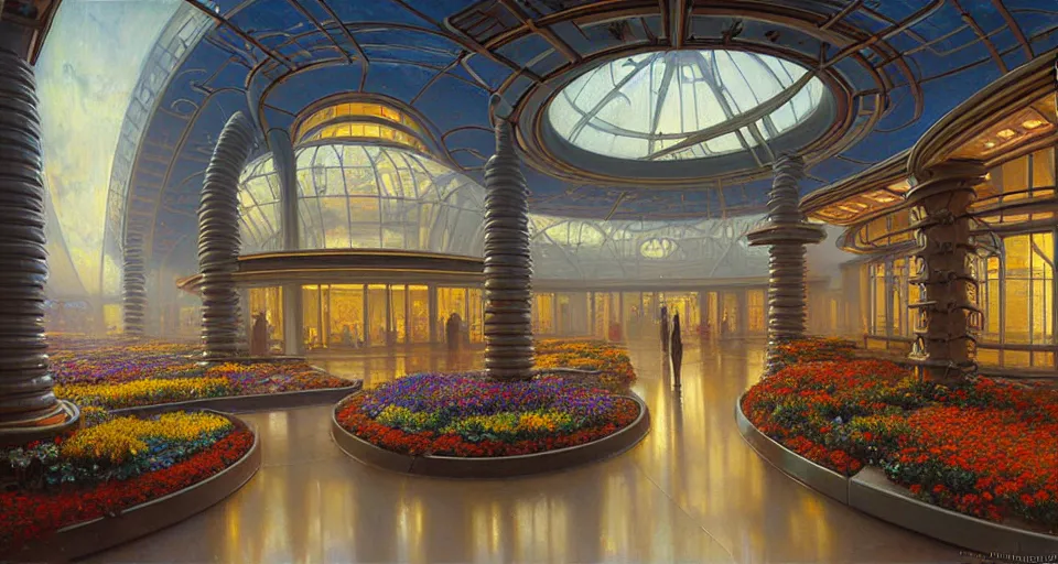 Prompt: a minimalist oil painting by donato giancola and james gurney, warm coloured, cinematic scifi luxurious futuristic foggy steam filled megalithic garden circular shopping mall interior with microscopy minimalist giant windows flowers growing out of pretty bulbous ceramic fountains, gigantic pillars and flowers, maschinen krieger, beeple, star trek, star wars