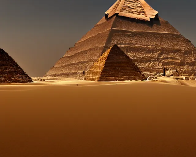 Image similar to pyramids of giza, ancient city of giza, octane render, cgsociety, 8 k, cinematic composition, trending on artstation