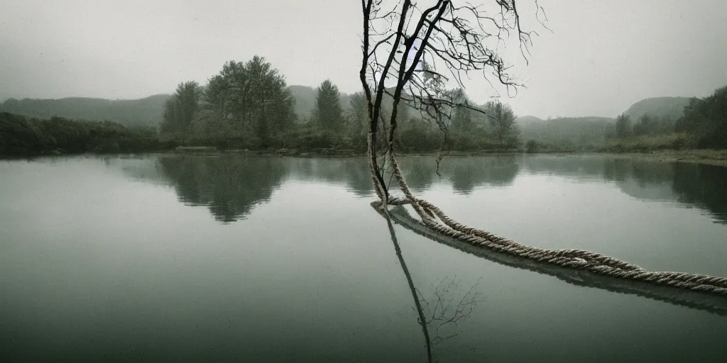 Image similar to symmetrical photograph of a very long rope on the surface of the water, the rope is snaking from the foreground towards the center of the lake, a dark lake on a cloudy day, trees in the background, moody scene, dreamy kodak color stock, anamorphic lens