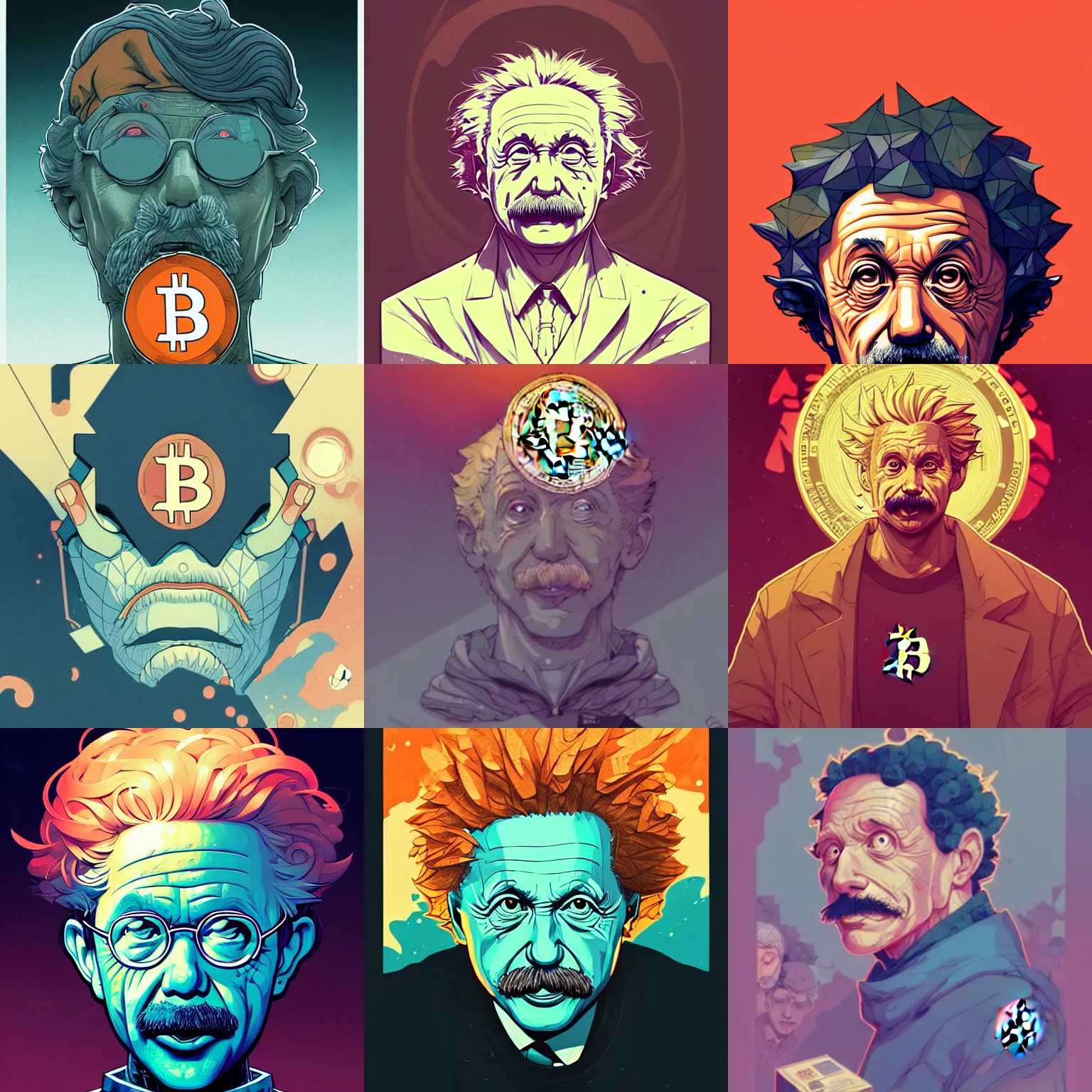 Prompt: cell shaded bitcoin as einstein eyes, concept art, llustration, concept art by josan gonzales and wlop, by james jean, victo ngai, david rubin, mike mignola, laurie greasley, highly detailed, sharp focus, logo trending on artstation, hq, deviantart, art by artgem