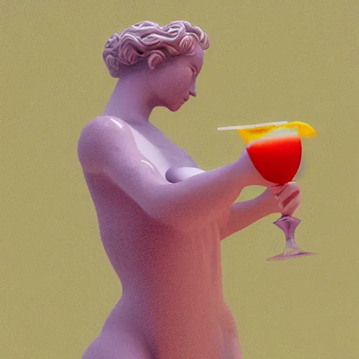 Image similar to medium shot of white reneissance statue holding a coctail, colorful coctail, digital painting, 3 d render