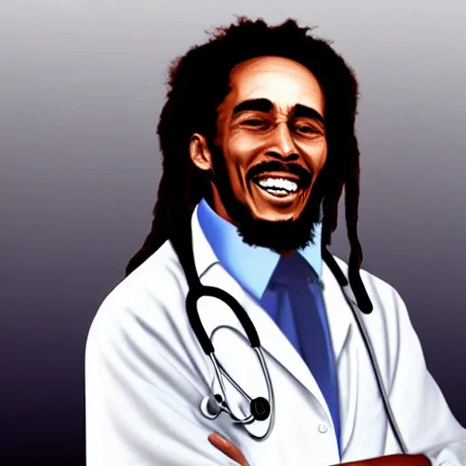 Image similar to bob marley in scrubs as a doctor, trending on artstation