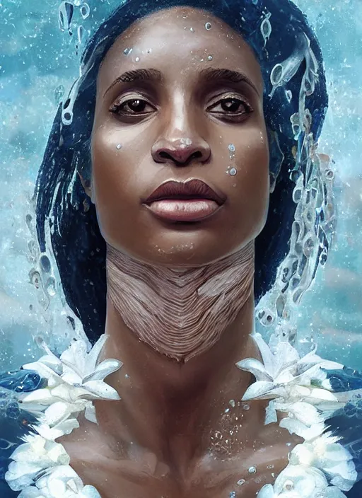 Image similar to dramatic upper body portrait of Megalyn Echikunwoke as a dark-skinned mermaid by Ruan Jia and Mandy Jurgens and Artgerm and william-adolphe bouguerea, underwater, white lilies, shells, mirror, marvel comics, intricate, highly detailed, smooth, artstation, digital illustration by julie bell and Ruan Jia and Mandy Jurgens and Artgerm and William Adolphe Bouguereau and John Collier and Greg Rutkowski and Frank Frazetta