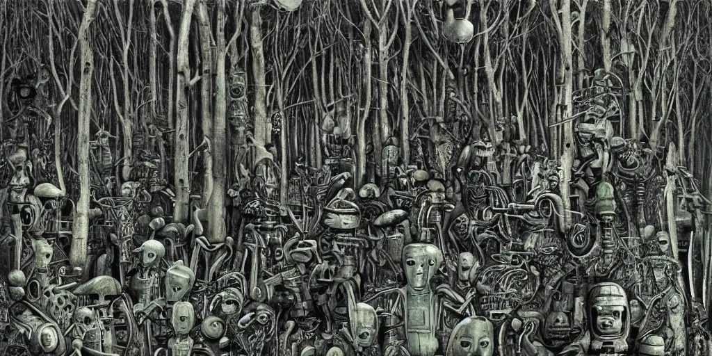 Image similar to 100000 robots fighting in forest H.R. Giger, seamless