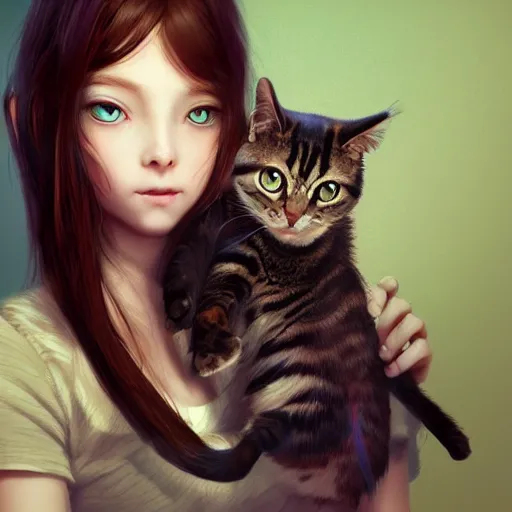 Image similar to girl holding a cat, digital art, by Yoshitaka Amano, trending on artstation, 4k, highly detailed