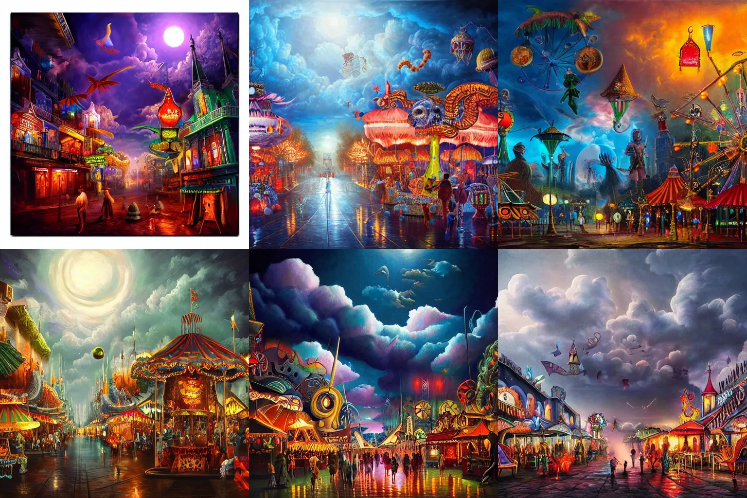 Prompt: ultra realist soft painting of a curiosities carnival by night, nightmare fuel, omnious sky, symmetry accurate features, very intricate details, volumetric clouds, desolated world