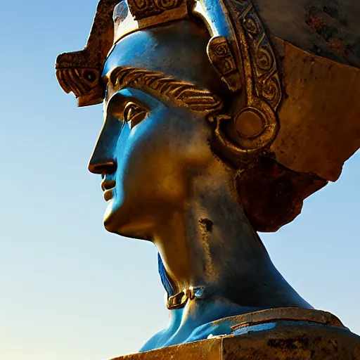 Image similar to greek ancient woman in bronze helmet standing on a giant greek ancient bearded man head, late afternoon light, greek temple of olympus glory island, wispy clouds in a blue sky, by frank lloyd wright and greg rutkowski and ruan jia