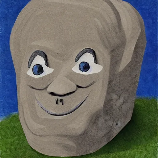 Image similar to casual, precise by grandma moses, by cory loftis. a mixed mediart of a large granite boulder carved to resemble a human face. the nose is slightly upturned, & the eyes & mouth are closed.