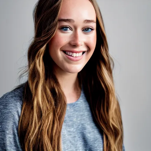 Prompt: a full body portrait of alycia debnam carey smiling while posing for photo, award winning photograph, HDR, natural lighting, shot on nikon z9, depth of field, f/1.8,