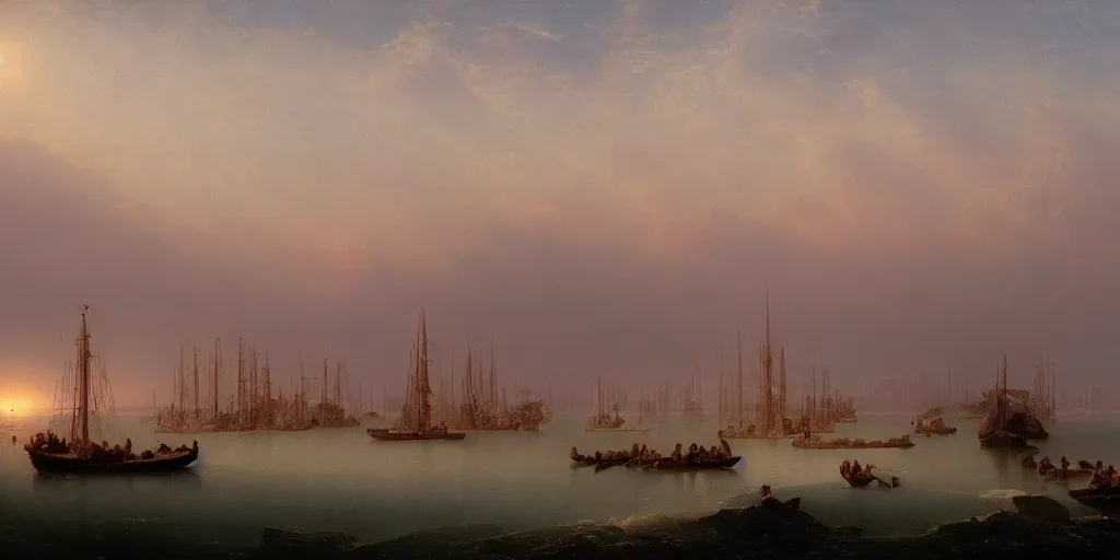 Image similar to A detailed matte painting of of the Ravenna harbor in the 15th century, trending on artstation by Ivan Aivazovsky and Frederic Edwin Church